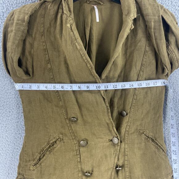 Free People Jacket Womens XS Brown Linen Ruffle Hem Double Breasted Boho Blazer - Picture 4 of 16